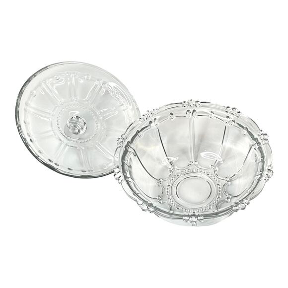 Vintage CANDY DISH 7” Clear Glass Bowl & Lid KIG Kedaung Oyster Pearl Beaded - Picture 5 of 7